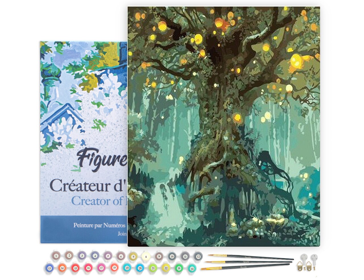 Figured'Art Paint by Numbers for Adults with Frame Fairy tree 16"x20" - Craft Art Painting DIY Kit Canvas Already Stretched on a Wooden Frame